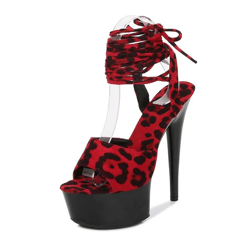 Fashion High Heel Sandals Thin Heel Sexy Black Platform 13CM15cm Hentian High Heel Leopard Slippers