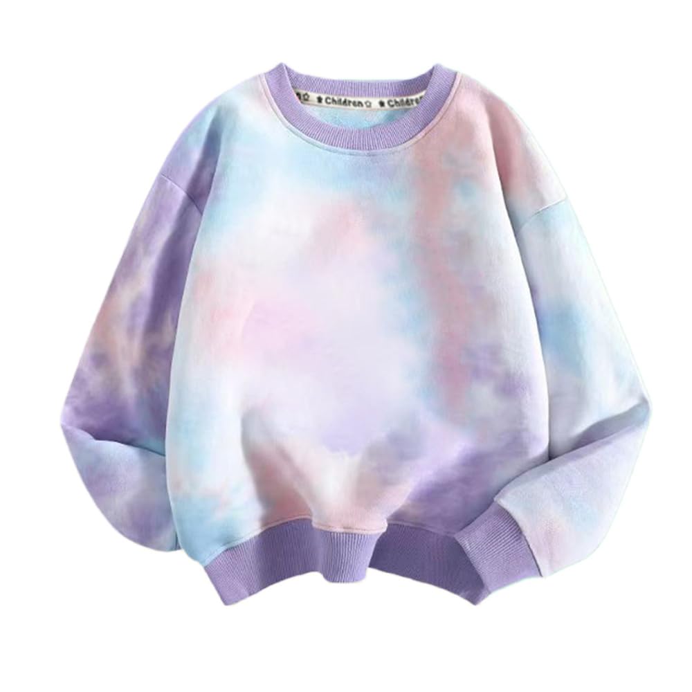 HahaNice Long Sleeve for Girls and Cotton Round Stand Kasuri Size 130 Kids' Hoodie, T-Shirt Boys, Top, Collar, Collar, Dye, Stylish, Purple,