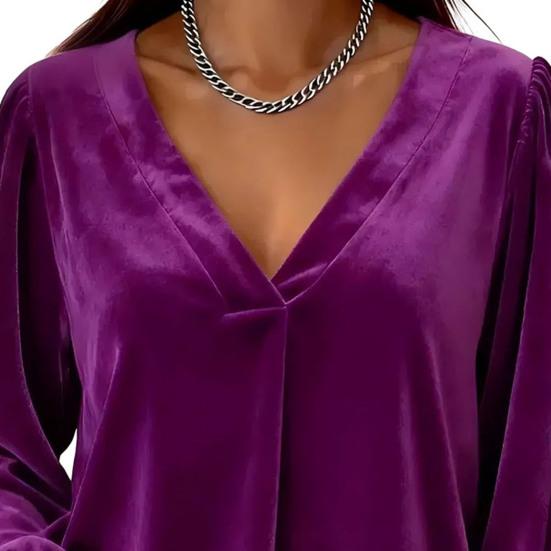 Women Tops V Neck Lantern Long Sleeve Solid Color Casual Tops Loose