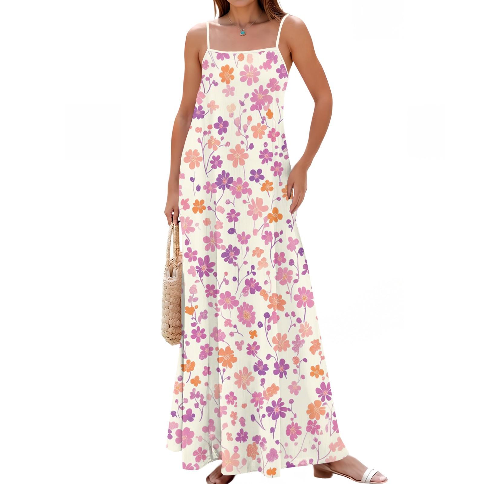 

Women s Spring And Summer Casual Fashion Adjustable Suspenders Printed Long Dress XL рожевий