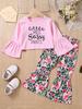 Girls Fashion Spring Autumn 2 Piece Sets Long Sleeve Letter Flared Cuff Pullover Top Flower Leopard Print Flared Pants Outfit