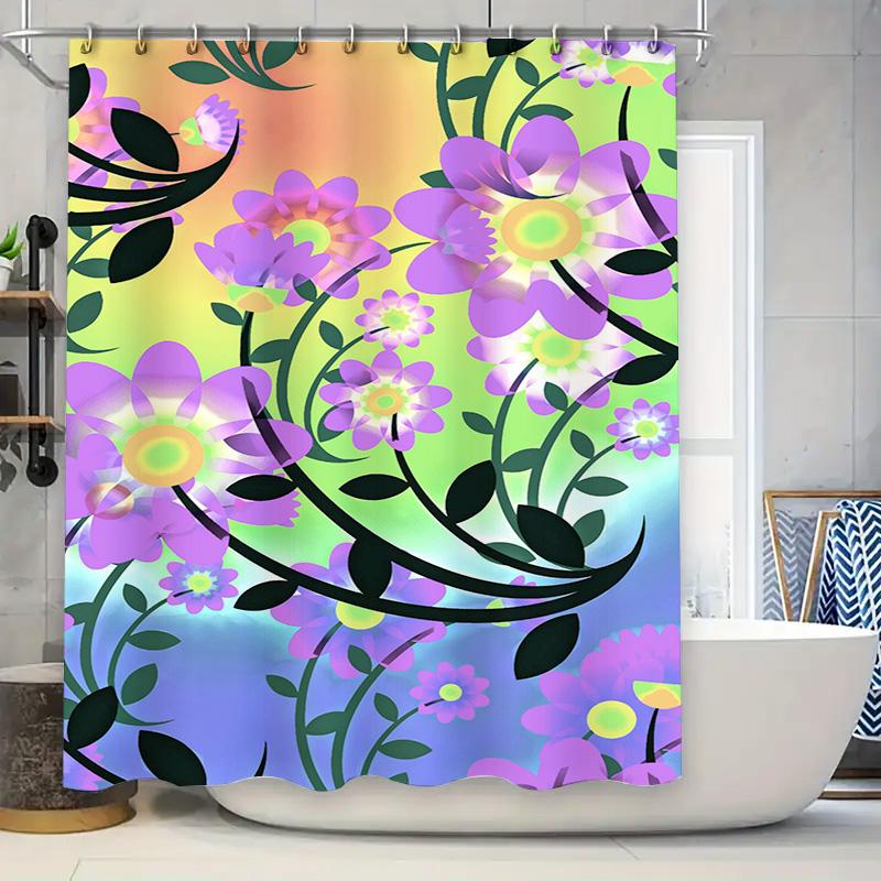 Bright Bath Shower Curtain Waterproof Printed Fabric Floral Decorative Pattern 180x240cm for Bathroom Decorations Lavender Purpl