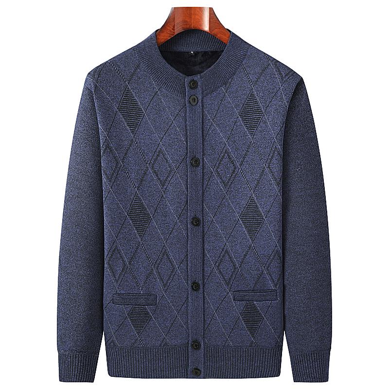 Men's Autumn-Winter Knit Cardigan: Thickened Velvet Sweater for Middle-aged and Elderly Dads and Grandpas.
