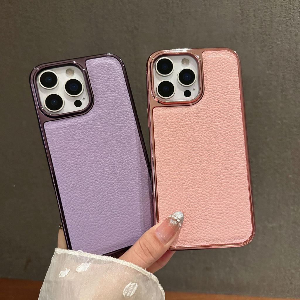 Applicable to Apple 17Air lychee leather pattern mobile phone case iPhone16promax electroplating 15 anti-drop all-inclusive.
