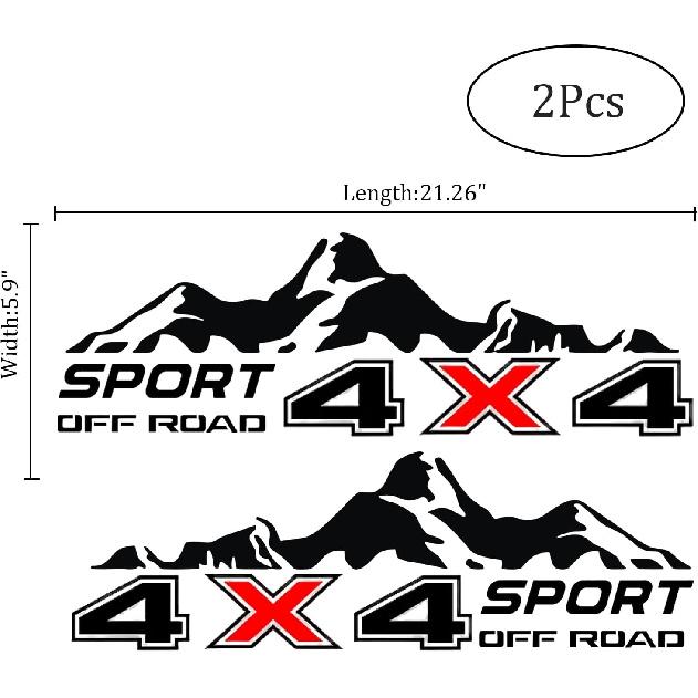 4X4 Off Road Sport With Mountain Pattern Decal Stickers 2Pcs, Vehicle Decor Accessories Compatible With Tacoma Tundra F150 RAM Wrangler Truck Pickup