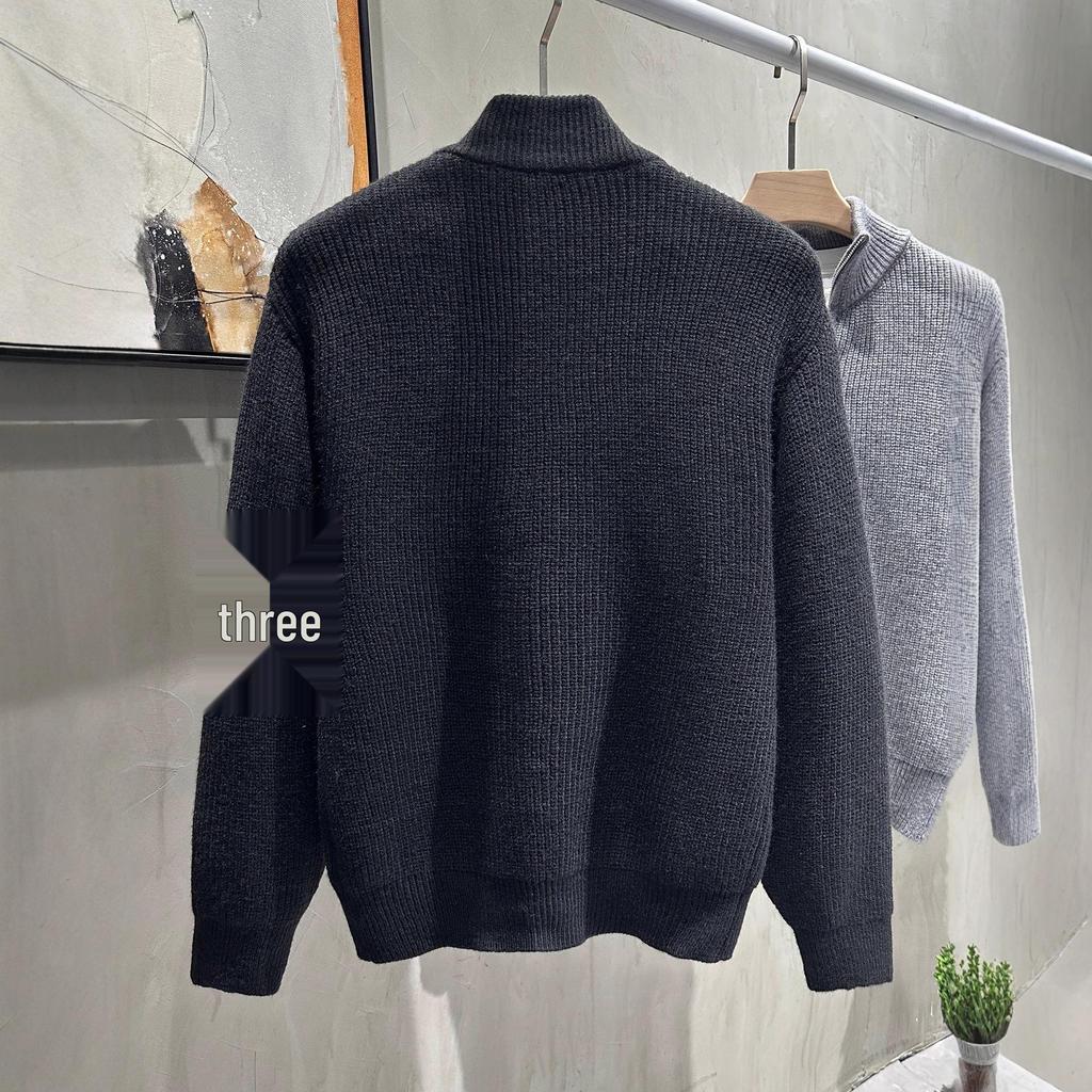 Autumn/Winter Men's Double Zipper Solid Jacquard Knit Cardigan - Versatile, Casual, and Loose Fit