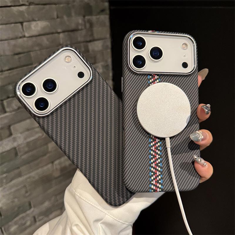 iPhone 17 Pro Max Carbon Fiber Texture Case with Metal Lens Magnet Cover