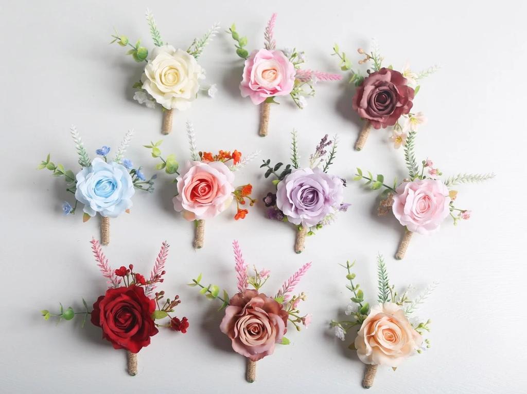 6pcs Rustic Artificial Rose Boutonniere Corsage Set Dusty Rose White Wristband Prom Suit Flowers for Wedding Ceremony