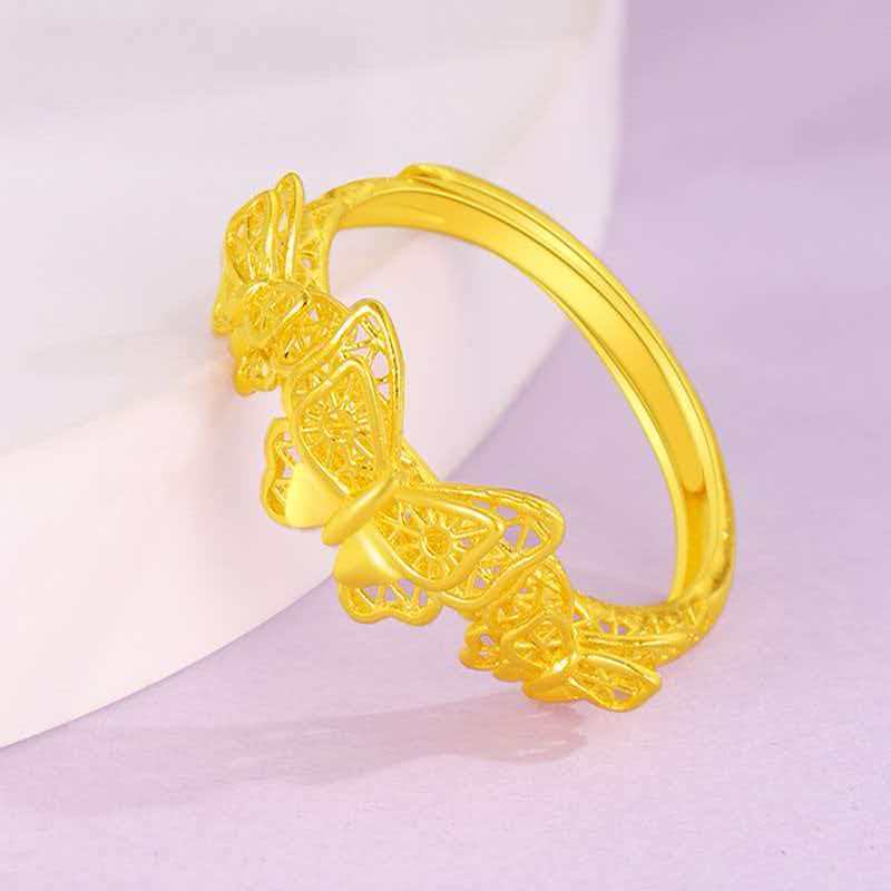Light Luxury Advanced Sense Filigree Butterfly Ring Women 24K Gold Au999 - Chinese Retro Fairy, Date Party Eye-Catching Style