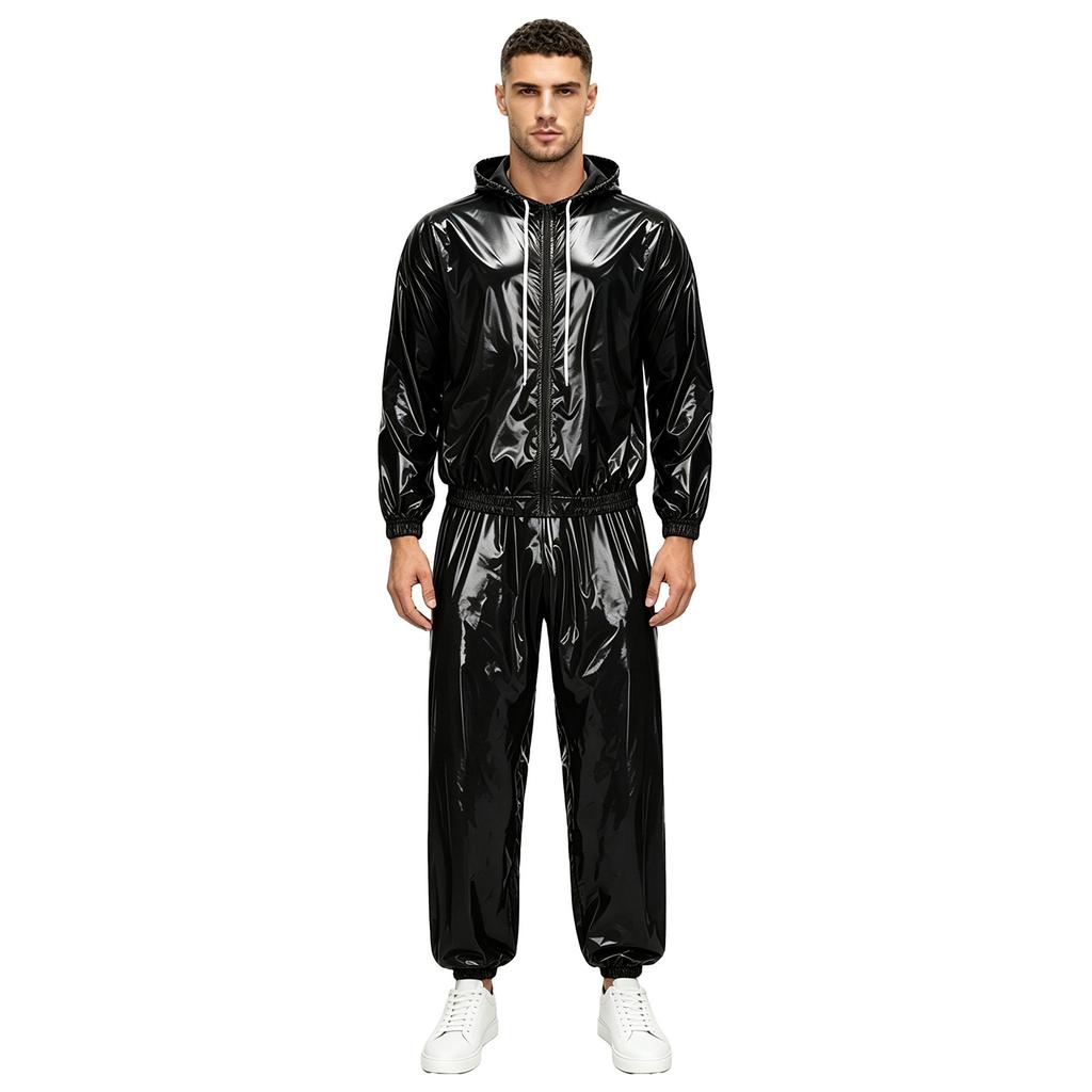 Men’s Outdoor Waterproof Suit Hooded Windbreaker Jacket Front Zipper and Sweatpants for Trail Fishing Workout Exercise