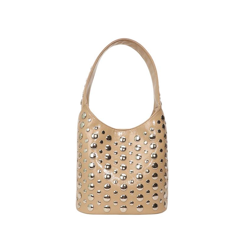 2025bags studded women's bag European and American vintage fashion shoulder bag ins new hand-held embroidery bucket bag