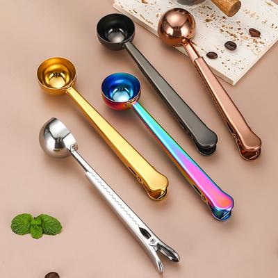2 Stück Edelstahl Kaffeelöffel Clip Haushalt 2in1 Milchpulverlöffel Verschlussclip Golden Messlöffel Küchen Backwerkzeug