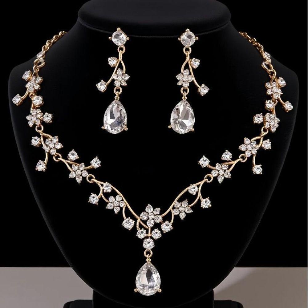 Rhinestone Water Drop Bridal Jewelry Sets Shiny Choker Necklace Earring Set Banquet