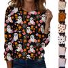 Women's Casual Long Sleeve Round Neck Top with Halloween Print for Party