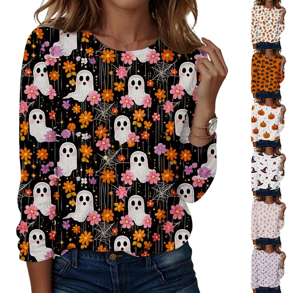 Women's Casual Long Sleeve Round Neck Top with Halloween Print for Party