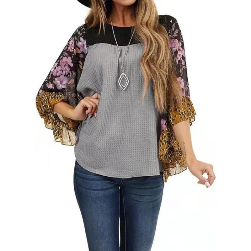 

Bat Sleeve Printed Color Blocked Waffle Round Neck Top Women s T-shirts S