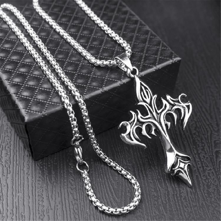 Men's Titaniums Steel Necklace Retro Flame Crucifix Charm Pendant Clavicle Chain Handmade Music Festival Jewelry