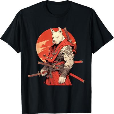 Japanse Kunst Hond Ninja Ukiyo-e Anime Stijl Samurai Pitbull T-shirt