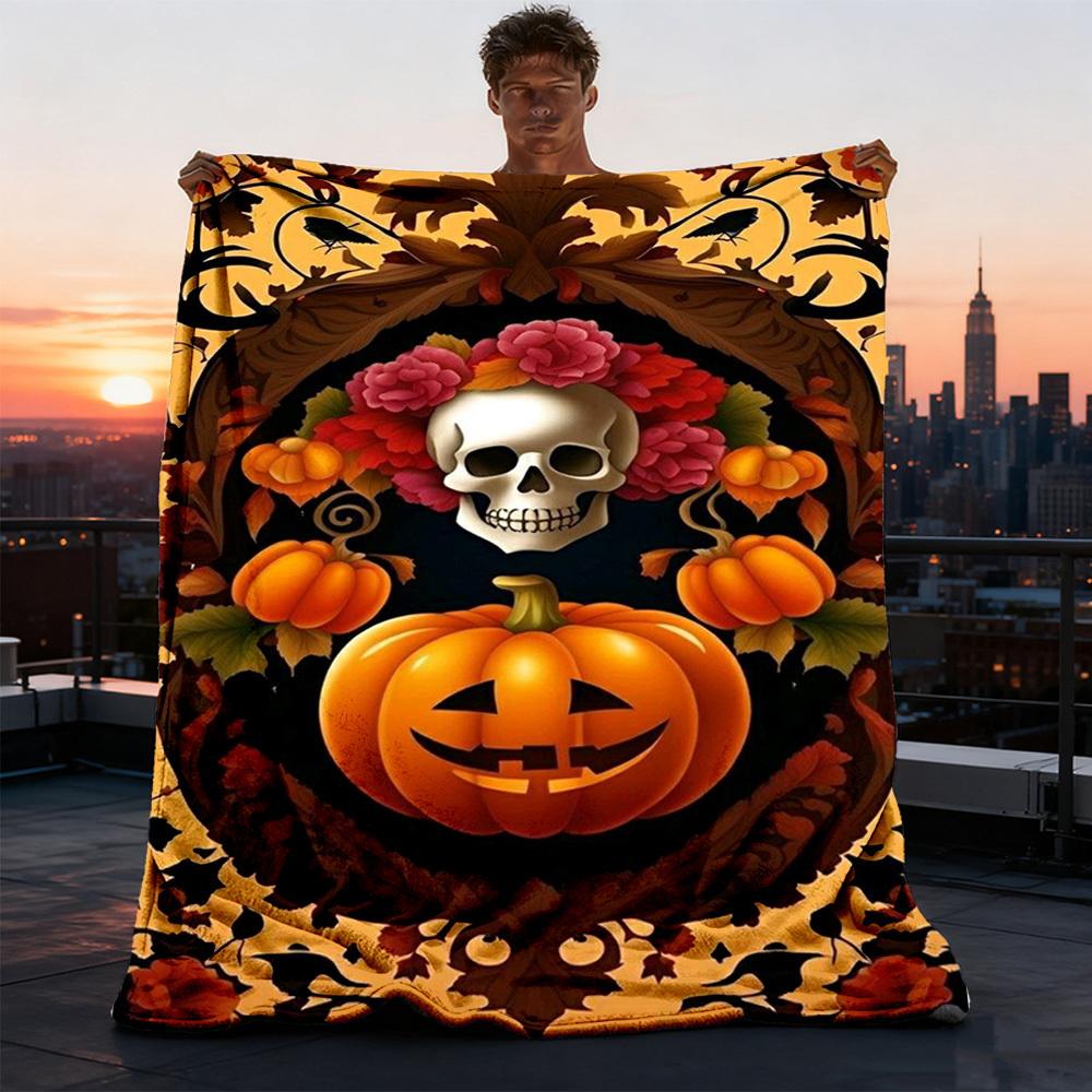 1pc Pumpkin Skull Art Print Outdoor Blanket, Lightweight Polyester,