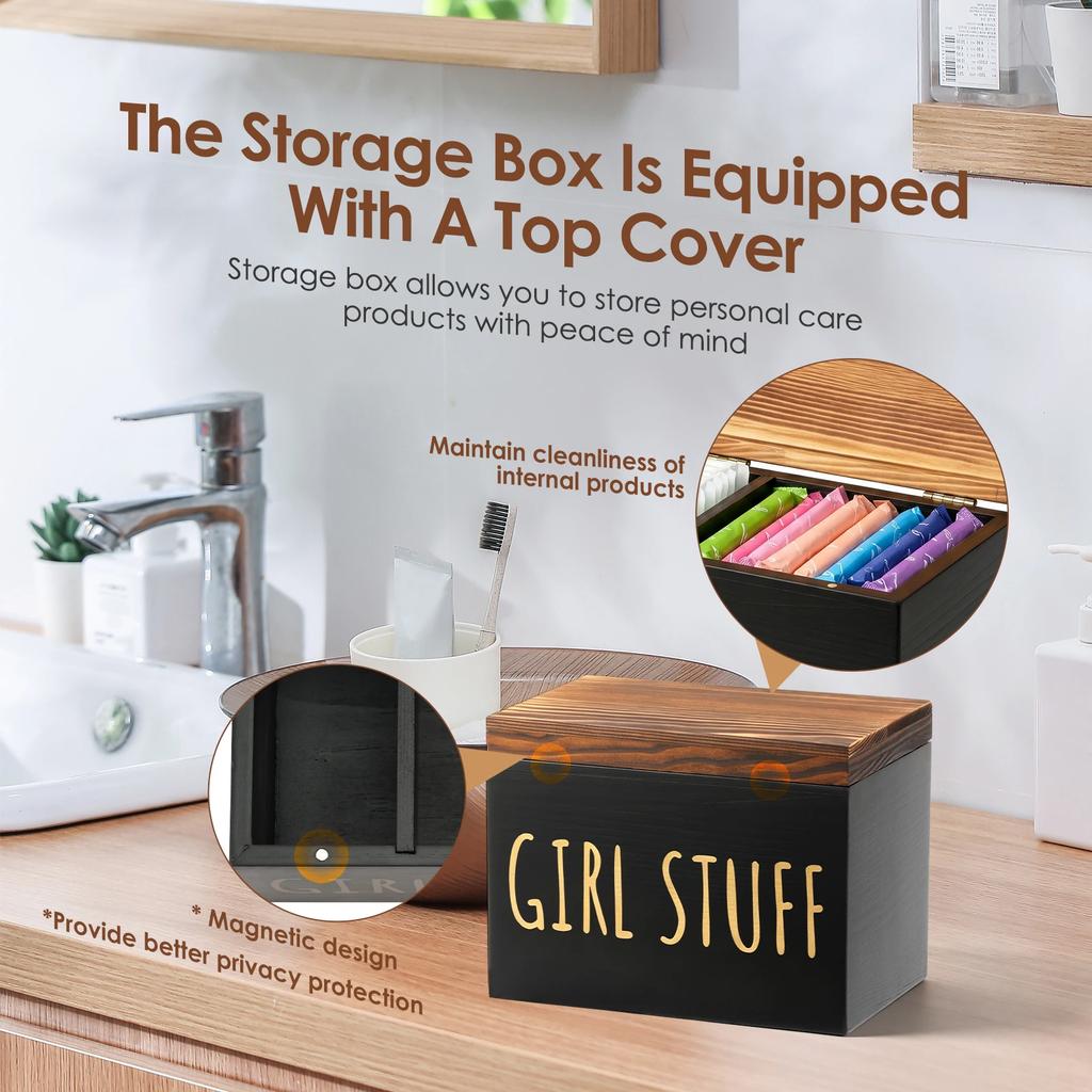 Wooden Tampon Holder Container Feminine Product Storage Box with Lid Multi-purpose Sanitary Napkin Organizer Box for Bathroom