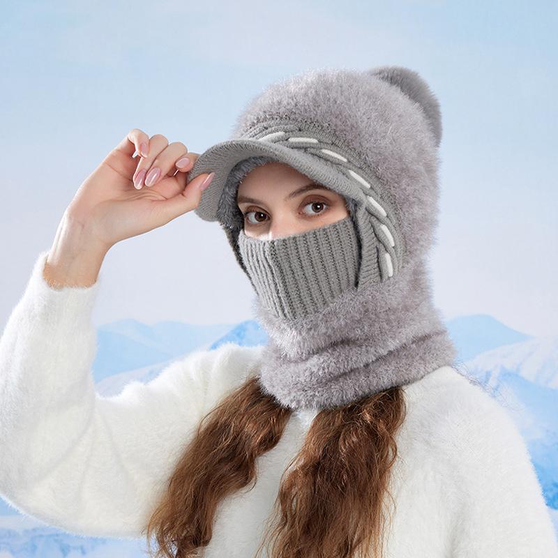 Wintermütze Schal Integrierte Strickwollmütze Damen Outdoor Radfahren Fleece Warme Ohrenschützmütze
