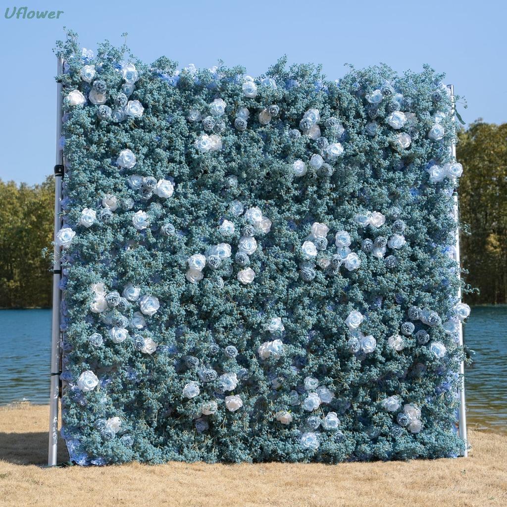 Uflower Artificial Flower Wall Roll-Up Blue Fabric Floral Backdrop for Wedding Event Party Decorations Curtain