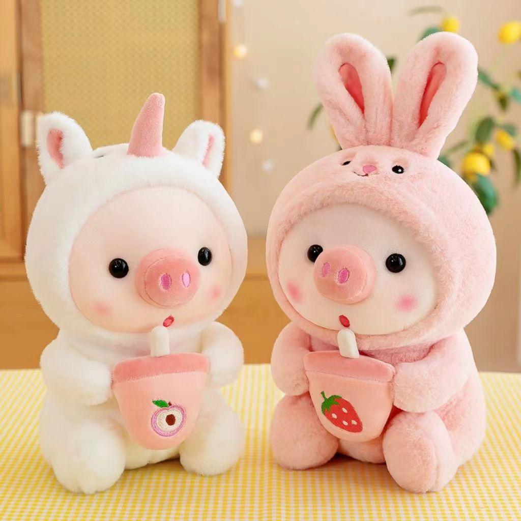 Cute Cartoon Pig Plush Toy Rabbit Hat Pig Doll Stuffd Animals Plushies Bed Sofa Decoration Birthday Gifts for Kids & Adults
