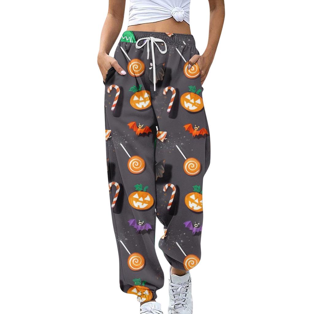 Damsportbyxor med fickor Mode Halloweentryck Elastisk midja Byxor Casual Sweatpants Byxor