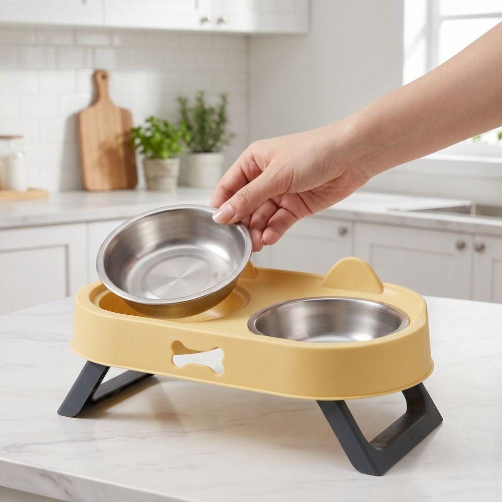 Double Bowl Elevated Cat Bowl Stainless Steel Cat Feeding Dish Dog Food Container For Small Dogs