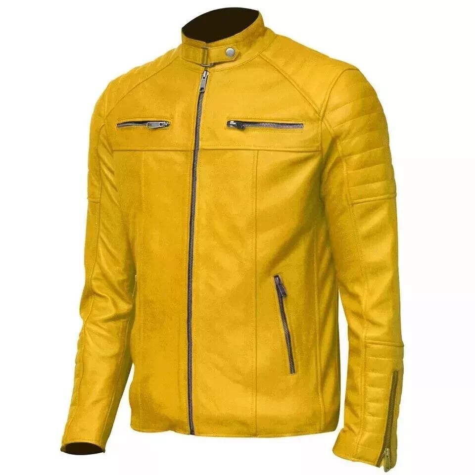 Pánská bunda Žlutá Kůže Pravá Jehněčí Kůže Ručně Šitá Stylová Motocyklová Biker Měkká