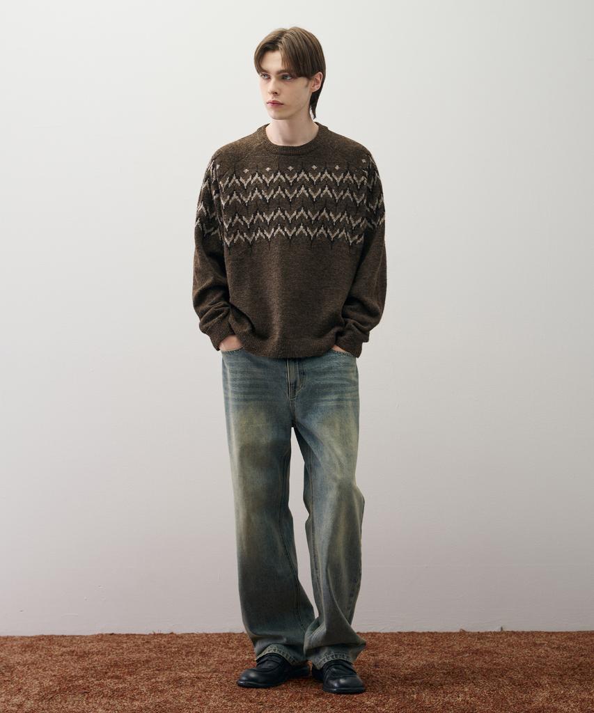DRAW FIT Wool Hairy Nordic Crewneck Knit [Vintage Brown]