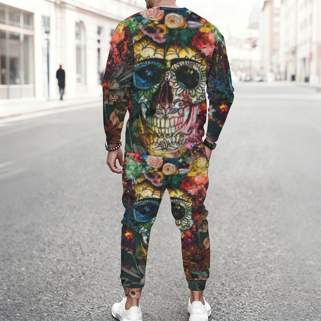 Men Black Purple Rose Skull Blue Butterfly Print Long Sleeve Sweatshirt Jogger Pants Two Piece Suit