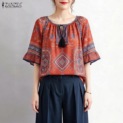 Women Ethnic Print Casual Round Neck Loose Half Sleeve Blouse