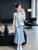 Set Top Qipao Estivo 2026 per Ragazze con Motivo di Bambù e Gonna a Sirena in Raso