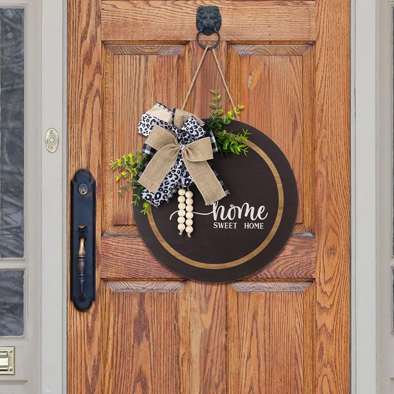 Chic Spring Leopard Print Bow Wood Bead Welcome Door Hanging Wreath For Rustic Decor