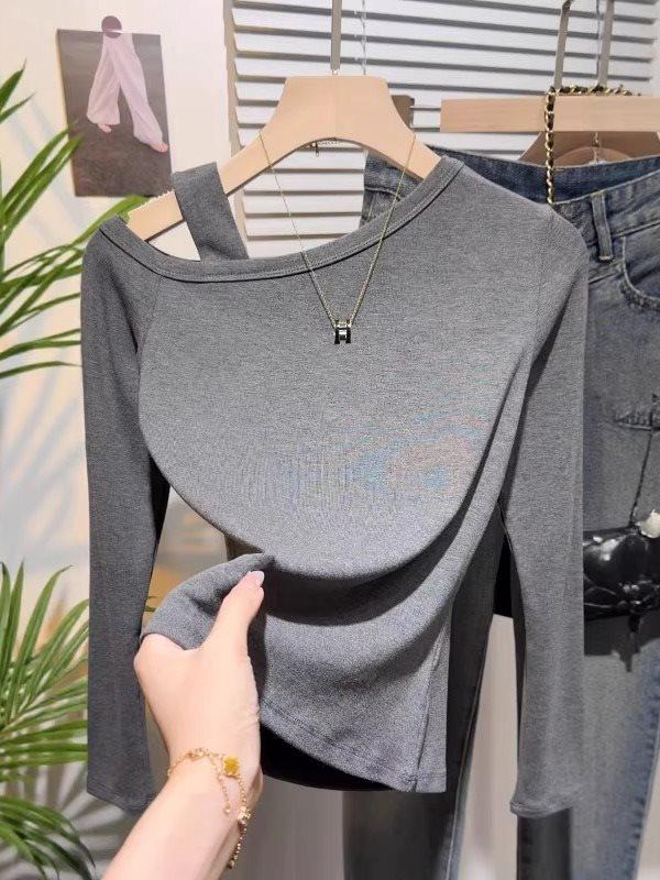 Women's Autumn Plus-Size Off-Shoulder Long-Sleeve Black Slimming Cotton T-Shirt