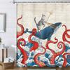 Funny Cat Whale Shower Curtain, Red Kraken Octopus Japanese Ocean Wave with Chinese Auspicious Clouds Shower Curtain with Hooks