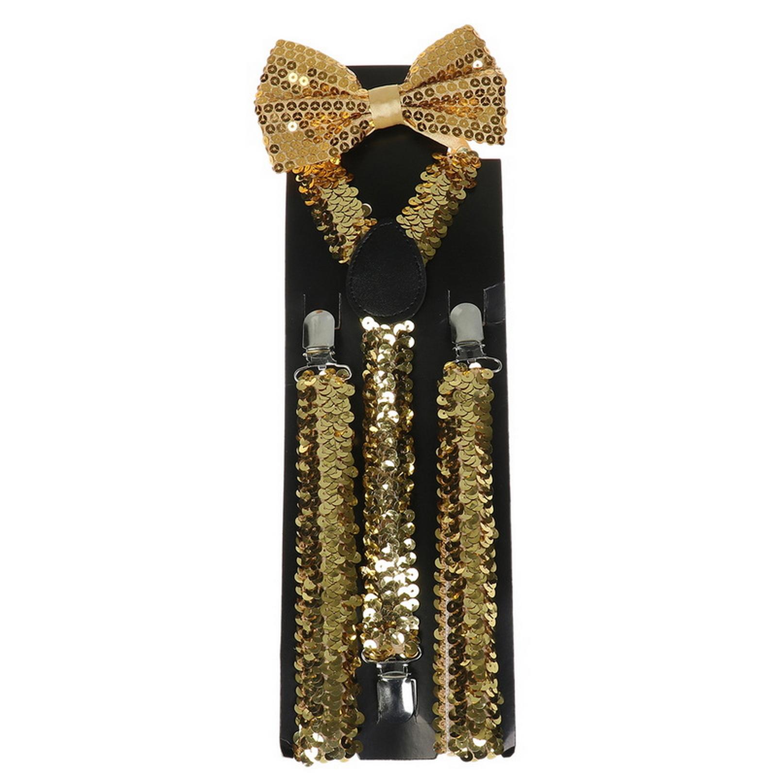 

Класичний набір підтяжок і краваток-метеликів, регульовані еластичні підтяжки завширшки Y 2,5 см із 3 затискачами, попередньо зав’язана краватка-метелик 12 см, один розмір для чоловіків і жінок 100cm золотий