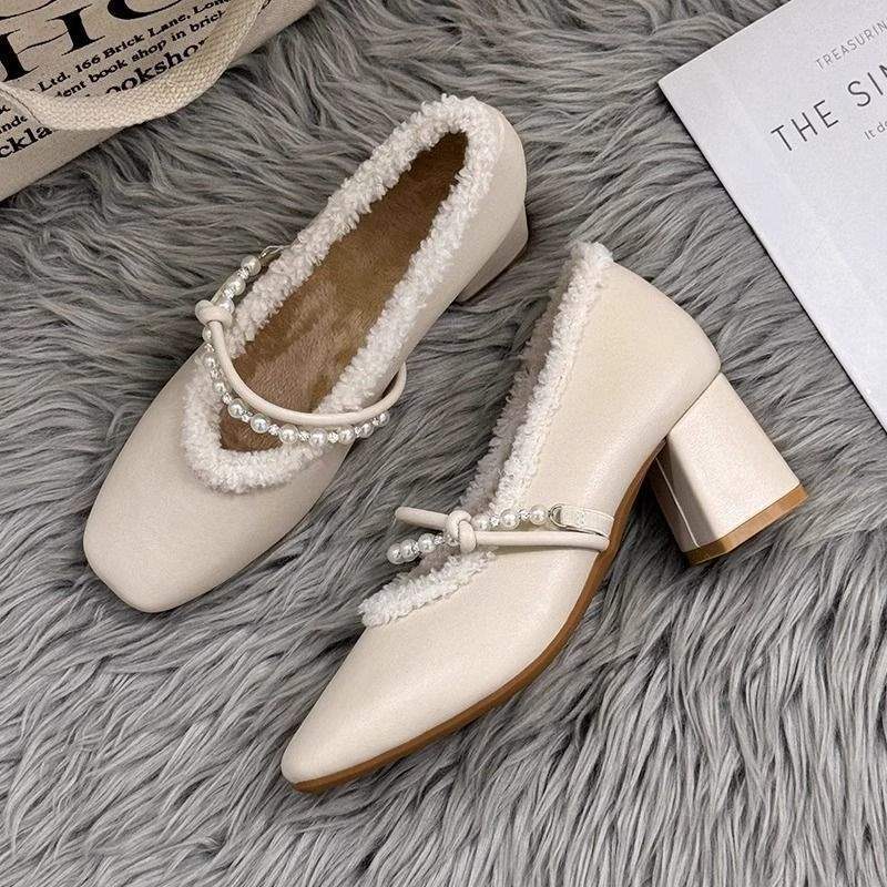 Fairy style Mary Jane shoes winter velvet 2025 new Internet celebrity high heels women's thick heel fluffy single shoes with skirt