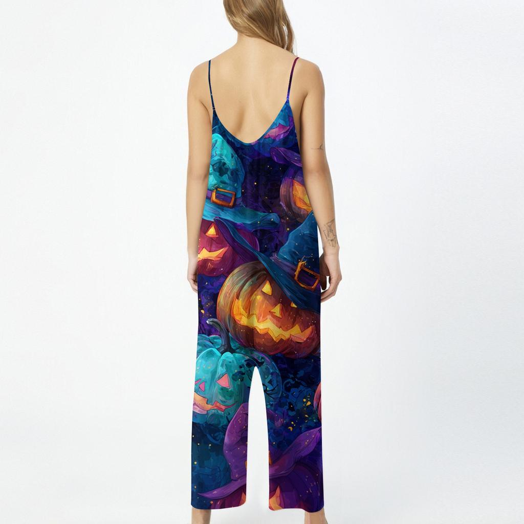 Women's Halloween Print Jumpsuit Casual Loose Fit Sleeveless Spaghetti Strap Wide Leg One Piece Romper for Seasonal Wear