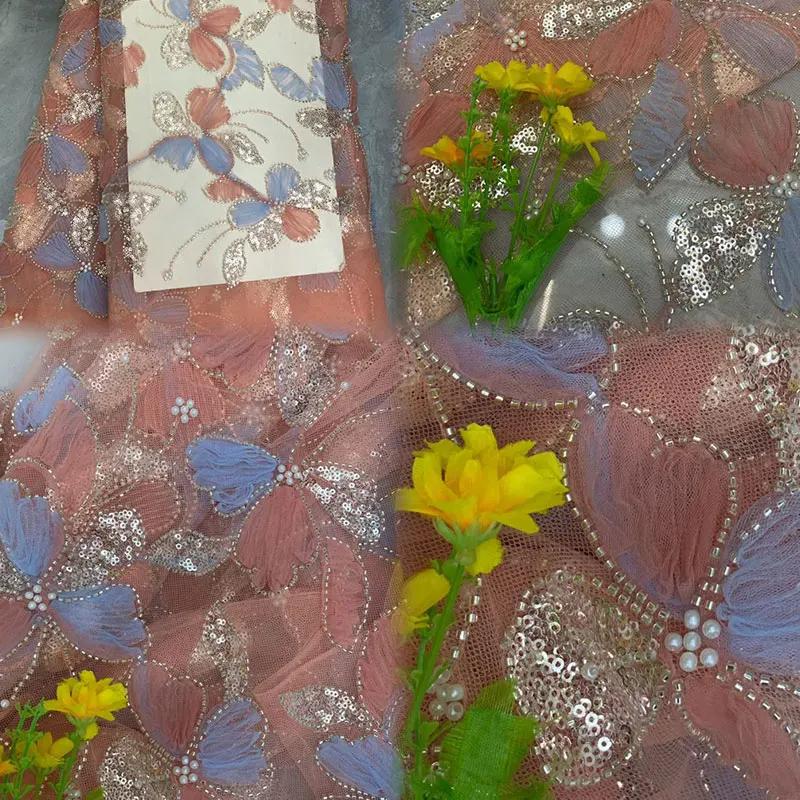 African 3D Beaded Sequins Pearls Embroidered Tulle Fabric Handmade Net Lace Fabric for Bridal Party Dresses DIY Sewing