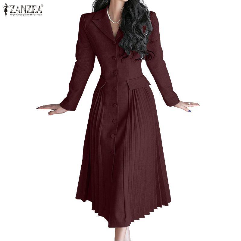 ZANZEA Women Casual Turn Down Collar Long Sleeve Midi Dress