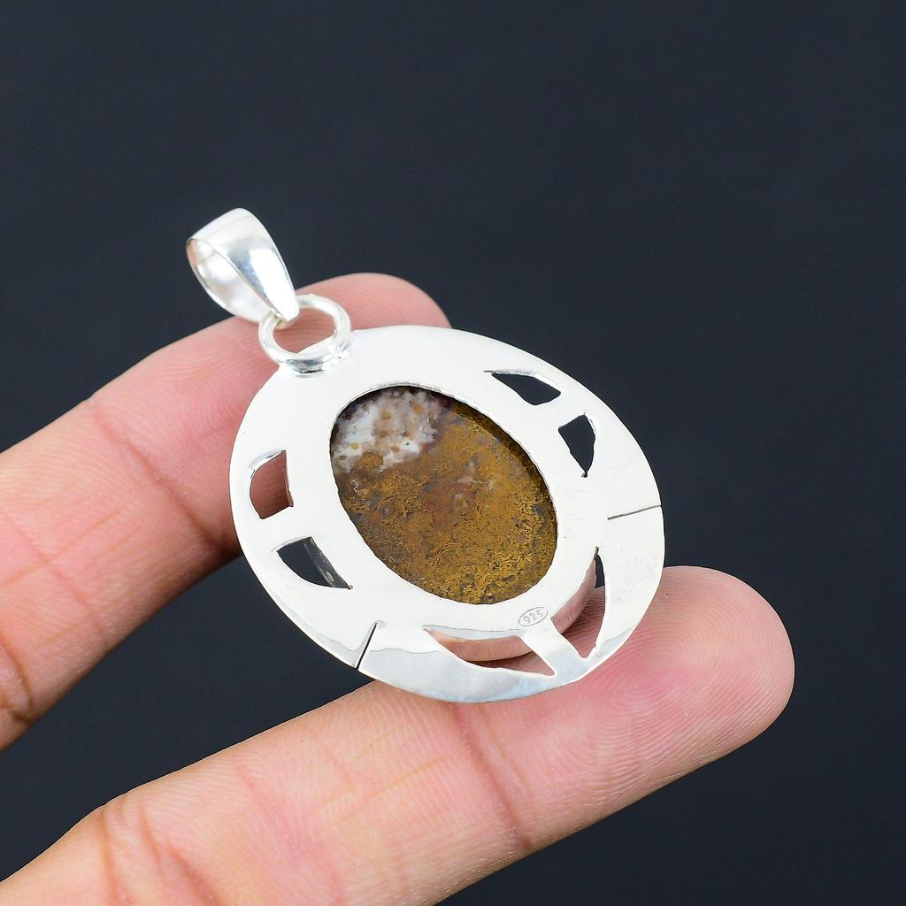 Naturalny Agat Piórowy Kamień Szlachetny Wisiorek Brązowy Srebro Próby 925 Indyjska Biżuteria