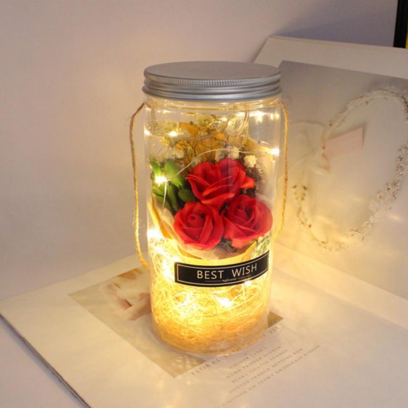 Soap Rose Flower Bouquet And LED Light String In Bottle With Hanging Rope For Valentine's Wedding Anniversary Birthday Gift Home Decor