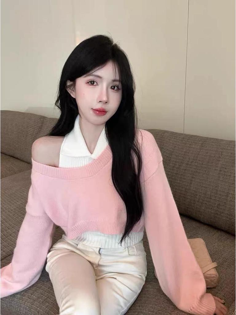 Women's Autumn College-Style Knit Polo Sweater & Short Skirt Set