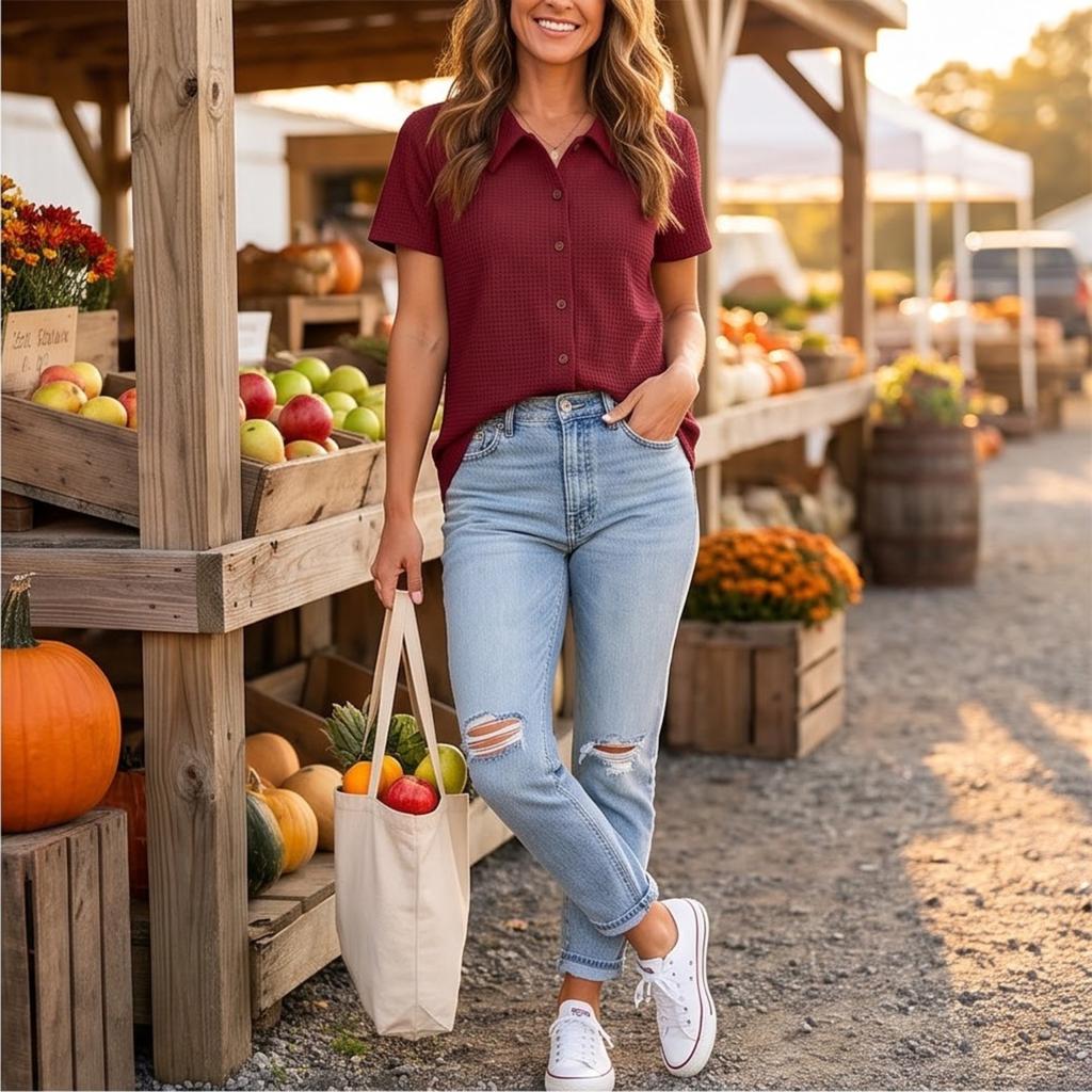 Women's Knit Button Down Short Sleeve Top with Collar, Casual Color Blouse