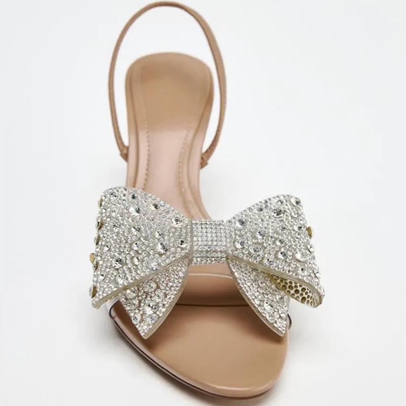 Fashion Luxury Glitter Rhinestone Bow Designer Heeled Sandals Women Summer Peep Toe Back Strap High Heels Elegant Party Wedding Shoes