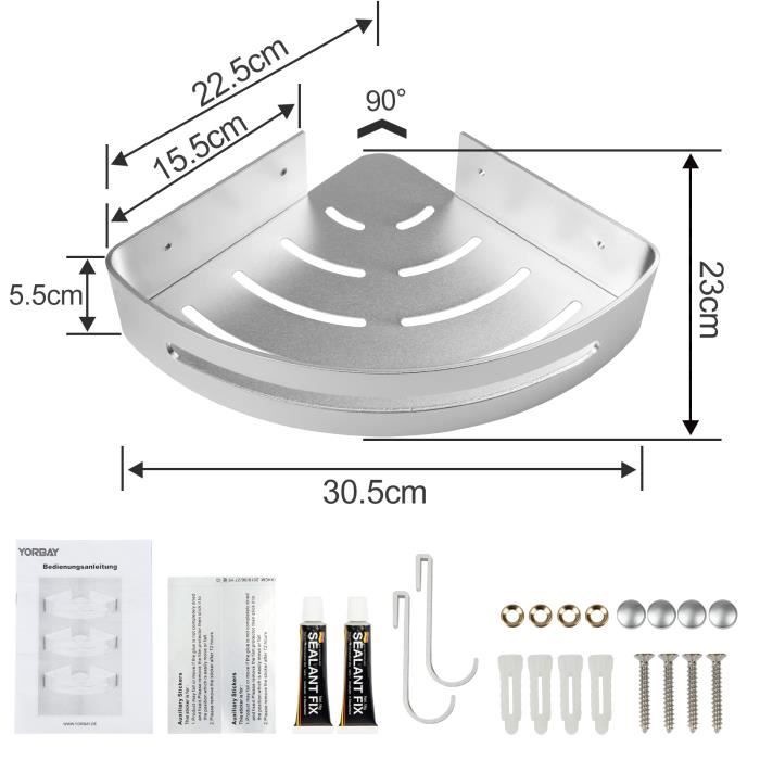 Yorbay Lot de 3 étagères de douche en aluminium, installation sans Perçage étagère d’angle de douche