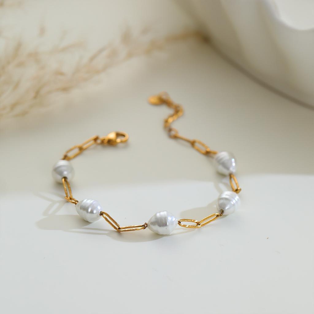 Baroque Pearl Necklace Bracelet Waterproof Non Tarnish Dainty Women Wedding Jewelry Gold PVD Stainless Steel Chain Jewelry Set
