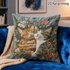 Cute Two Cats Pillow Cover Faux Embroidery Print Cushion Case Boho Floral Cat Lover Gift Home Decor